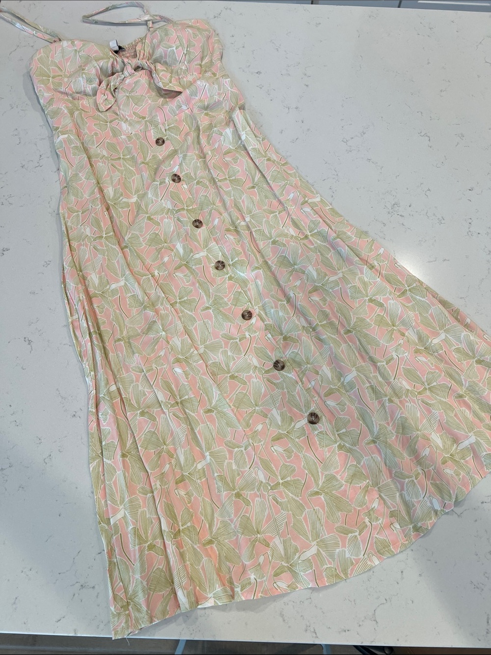 AUW Pink & Sage Leaf Print Sundress with Smocked Bodice